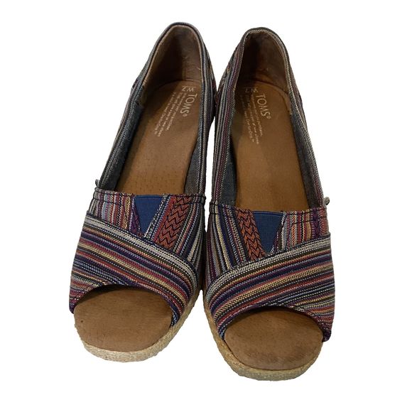 TOMS CALYPSO‎ Striped Espadrille Wedge Peep Toe slip on Sandals Women's Size 7M - Picture 1 of 8